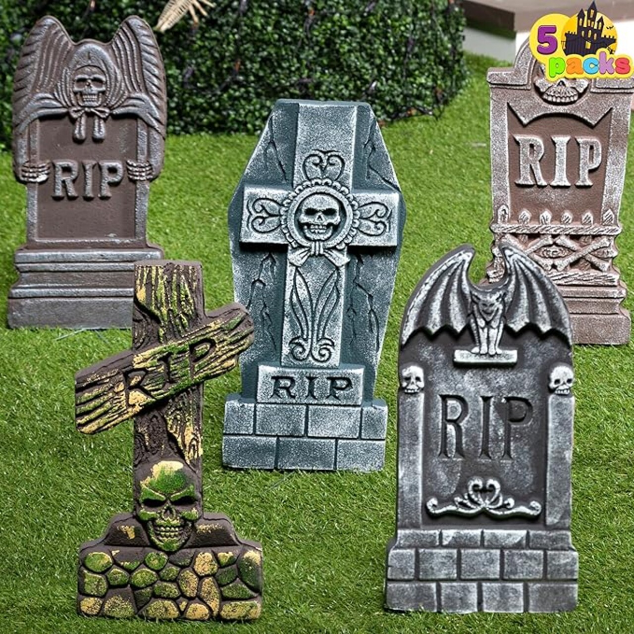 Halloween Foam RIP Graveyard Tombstones (5 Pack), Yard Sign Headstone Decorations and 10 Bonus Metal Stakes for Halloween Yard Outdoor Indoor Decorations